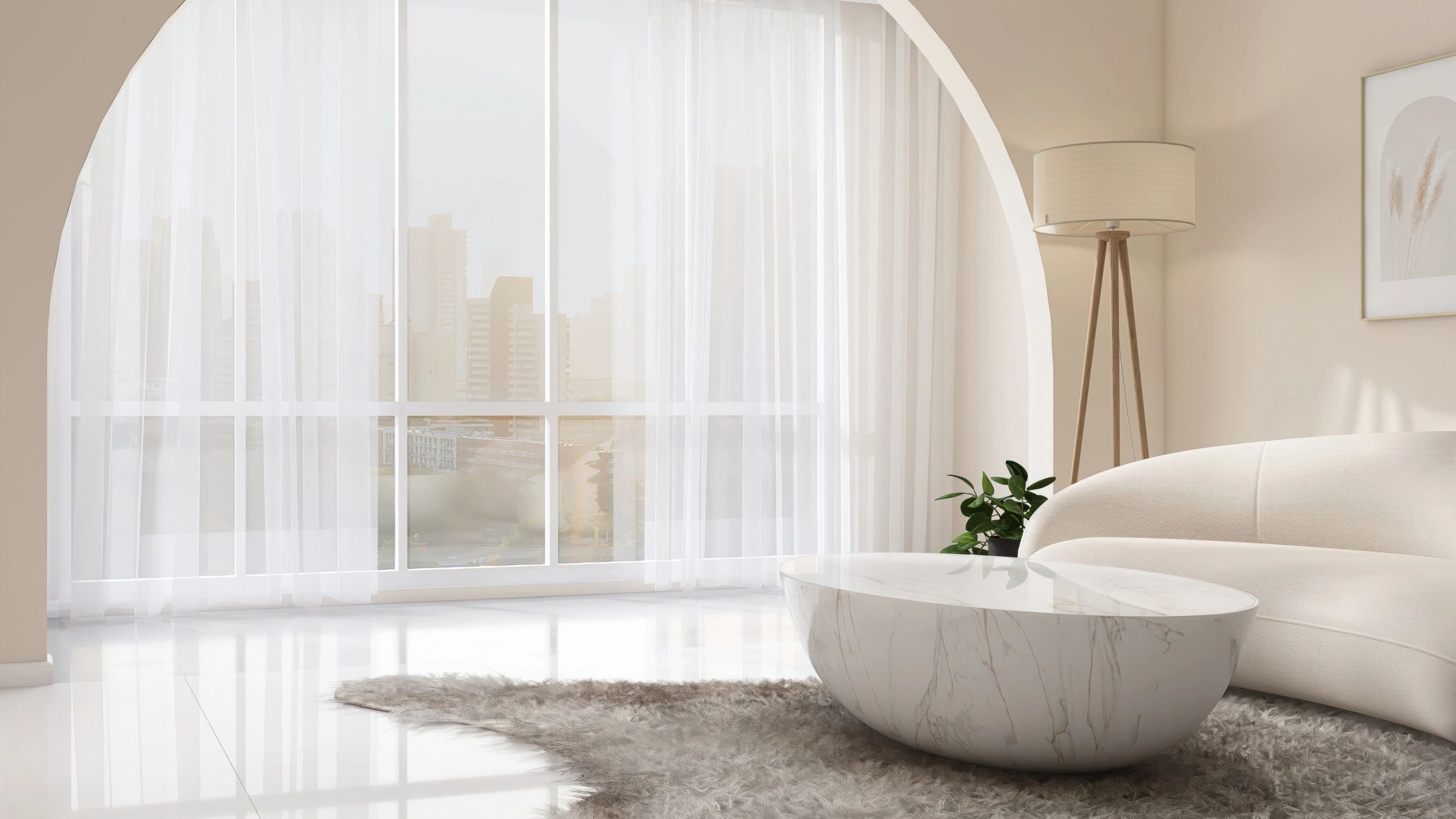 Elegant white sofa, marble coffee table on gray shag rug in sunlight from window arch with sheer curtain on cream wall luxury, modern living room for interior design decoration, product background 3D