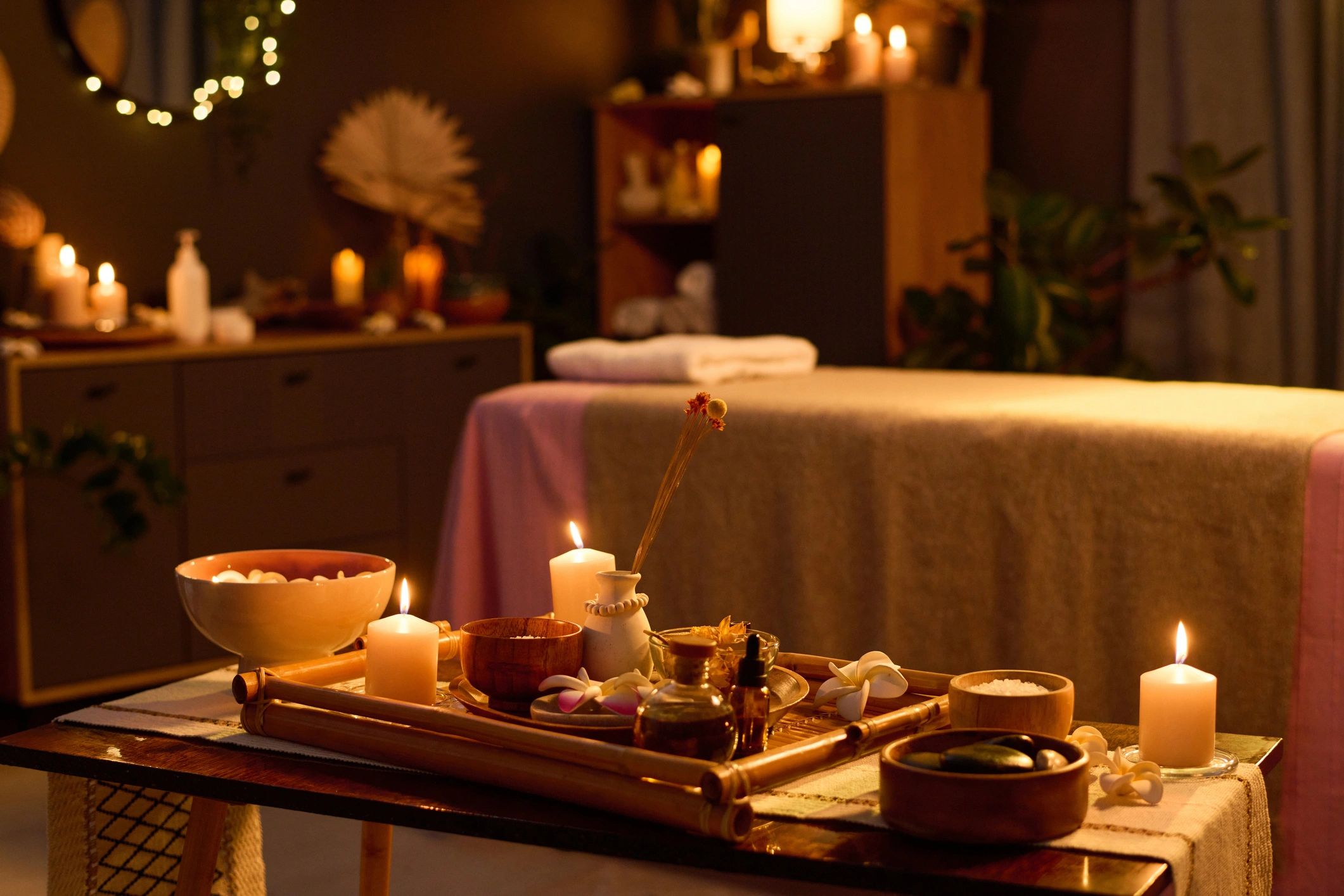 Wooden table with aroma candles and equipment for massage
