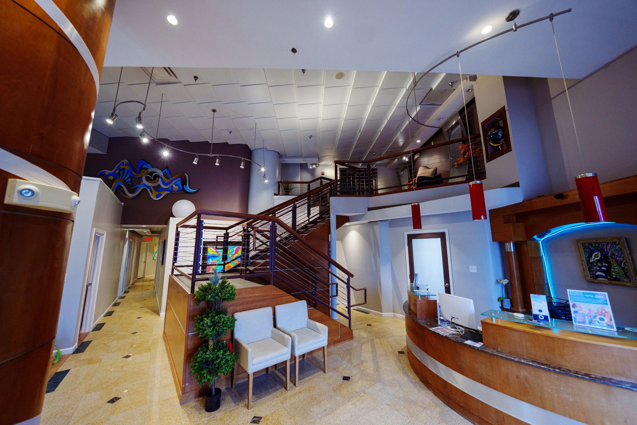 Reception area in lobby of luxury wellness center and spa